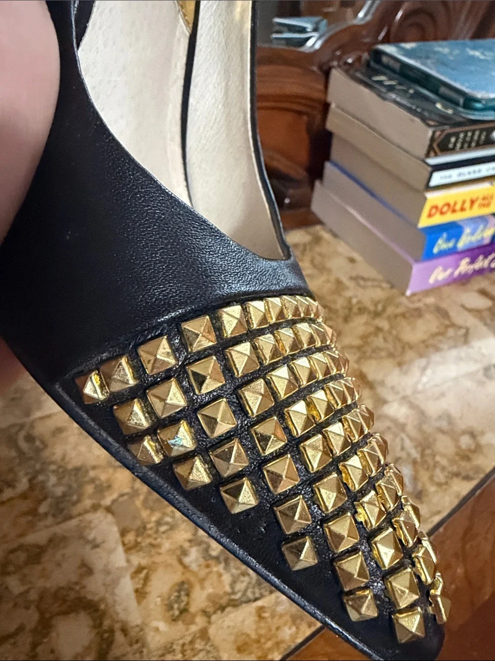Michael Kors Black Leather Pointed-Toe Pumps with Gold Studs